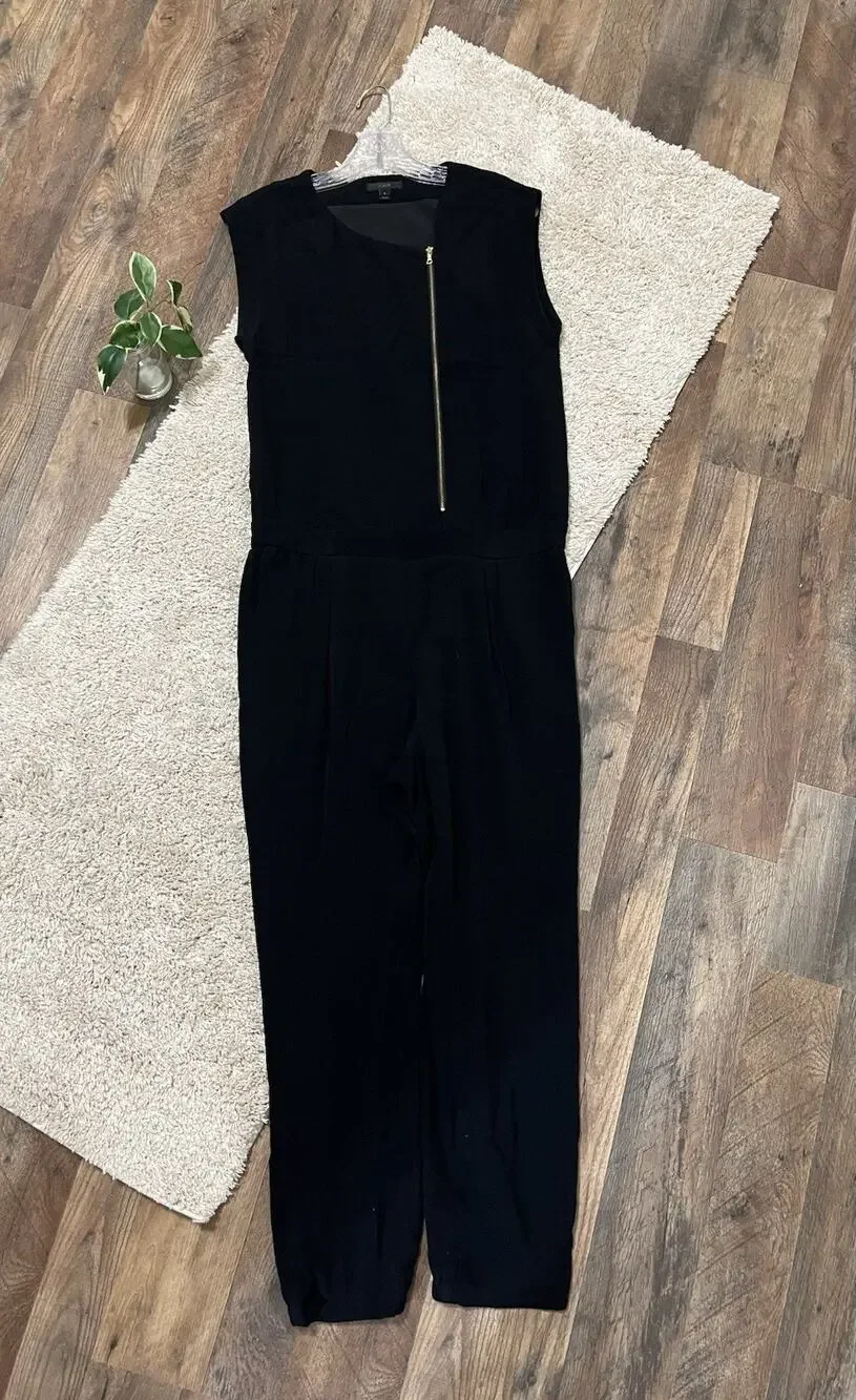 J.crew Size 8 Black Asymmetrical Zip Front Sleeveless 100% Viscose Jumpsuit